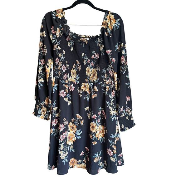 Xhilaration Dresses & Skirts - Black Floral Babydoll Ruched A-line Dress Sz XL Boho 90's Y2K Indie Romantic NWT